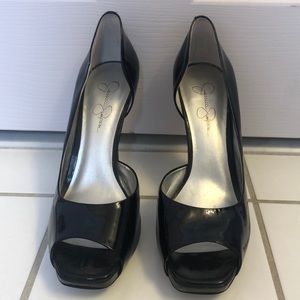 Black high heel peep toe shoes